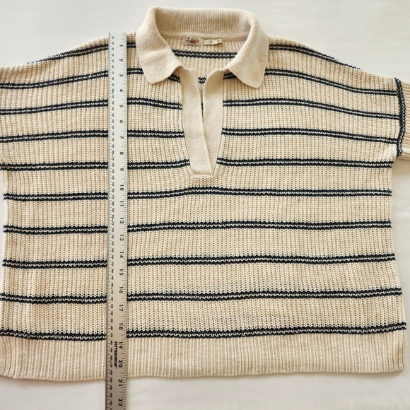 Faherty Miramar Womens Linen Cotton Striped Polo Sweater Cream Blue Small V-Neck - Picture 7 of 7